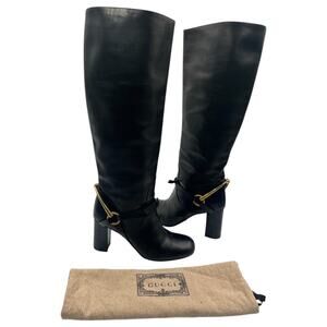 Gucci Tess Horsebit Leather Block Heels Tall Knee High Boots Black Size 37/7